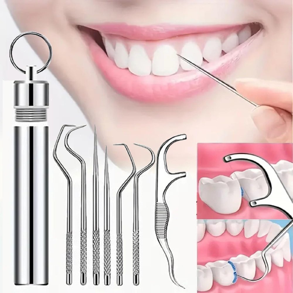 7-in-1 Stainless Steel Teeth Cleaning Kit Portable Dental Hygiene Tools Set with Toothpicks, Flosser & Picks for Travel, Picnic, Camping.