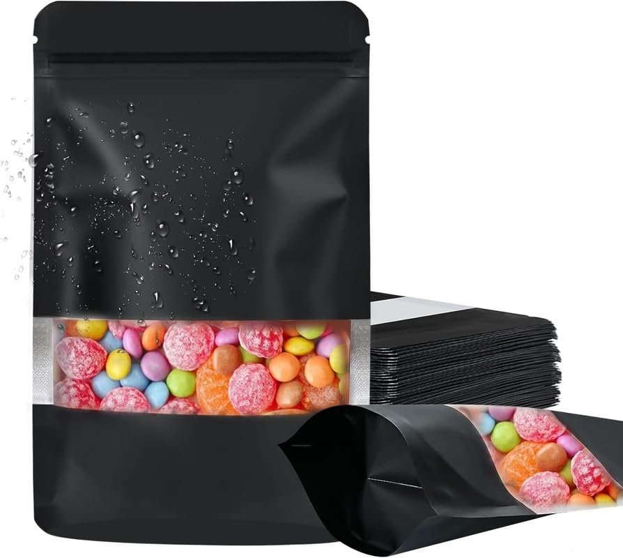 DNY 50 Pcs Self-Sealing Stand-Up Storage Pouches 1kg | Airtight Waterproof Food-Grade Reusable Plastic Bags with Transparent Window for Snacks, Dry Fruits, Spices & Kitchen Use (Black)