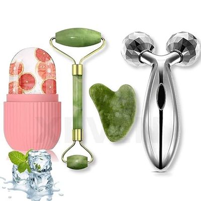 3D Massager Face Stone Roller Massager with Gua Sha Jade Stone,Ice Roller and 3D Massager Roller Set Facial Combo For Skin Eye Body Ice Cube Women Men Reusable (Ice Roller + Stone Roller + 3D Roller)