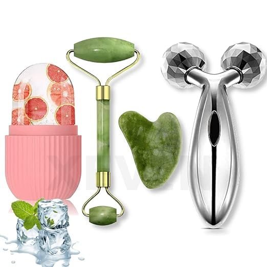 3D Massager Face Stone Roller Massager with Gua Sha Jade Stone,Ice Roller and 3D Massager Roller Set Facial Combo For Skin Eye Body Ice Cube Women Men Reusable (Ice Roller + Stone Roller + 3D Roller)