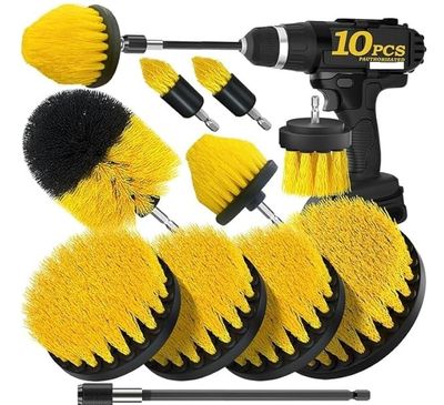 GODFLY 10 Pcs Power Scrub Pads Drill Brush Attachments Set, Scrub Pads & Sponge, Power Scrubber Brush with Extend Long Attachment All Purpose Clean (Drill Not Included,Yellow)