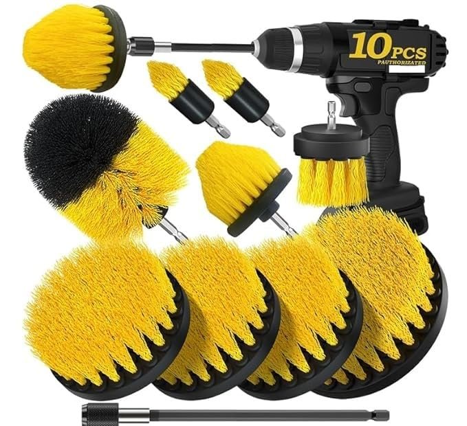 GODFLY 10 Pcs Power Scrub Pads Drill Brush Attachments Set, Scrub Pads & Sponge, Power Scrubber Brush with Extend Long Attachment All Purpose Clean (Drill Not Included,Yellow)