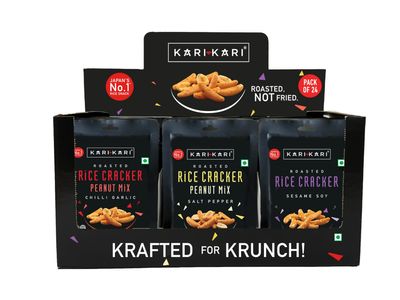 Kari Kari Rice Crackers Variety Pack (18g X Pack of 24) | Chilli Garlic, Salt Pepper, & Sesame Soy (8pcs each respectively) | Crunchy Japanese Snacks | Roasted, Non-Fried Healthy Party Snacks | 100% Vegetarian