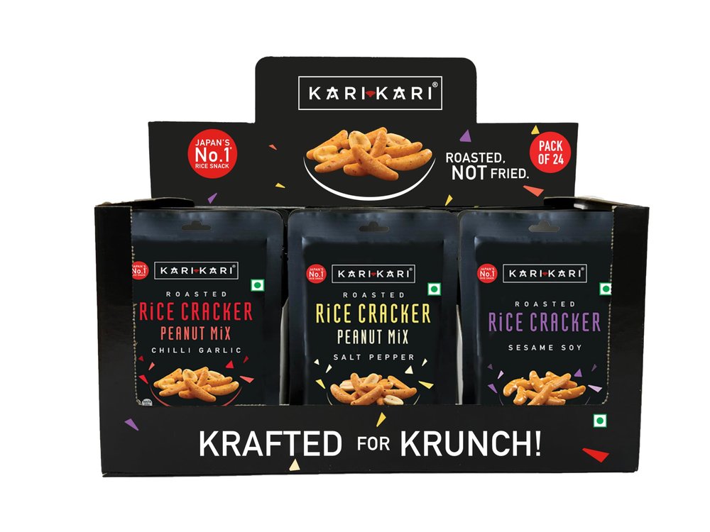 Kari Kari Rice Crackers Variety Pack (18g X Pack of 24) | Chilli Garlic, Salt Pepper, & Sesame Soy (8pcs each respectively) | Crunchy Japanese Snacks | Roasted, Non-Fried Healthy Party Snacks | 100% Vegetarian