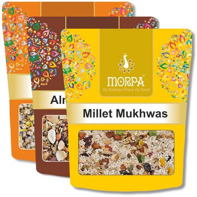 Almond Dry Fruit Delight Assorted Digestive Mouth Freshner,Millet Mukhwas Mix of Almonds, Seeds and Fruits for Fresh Breath and Gut Health, Bold and Spicy Mirch Masala Mukhwass (200g each)