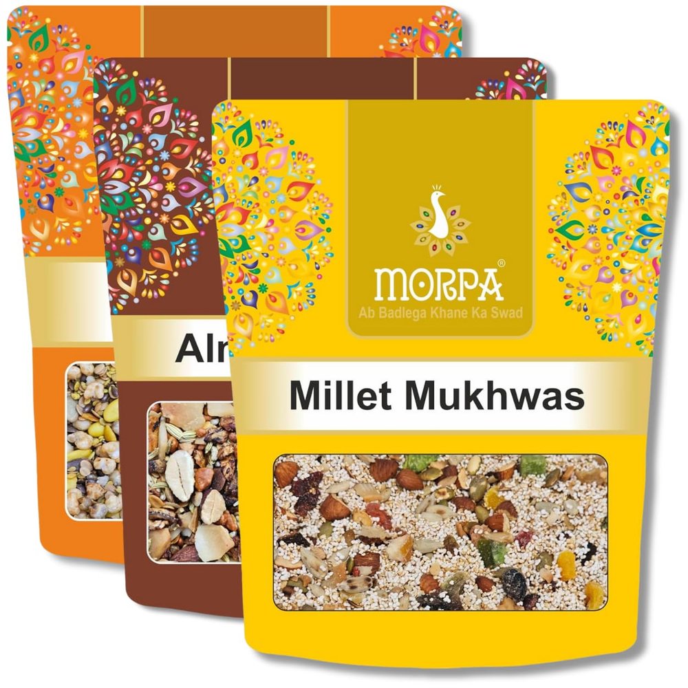 Almond Dry Fruit Delight Assorted Digestive Mouth Freshner,Millet Mukhwas Mix of Almonds, Seeds and Fruits for Fresh Breath and Gut Health, Bold and Spicy Mirch Masala Mukhwass (200g each)