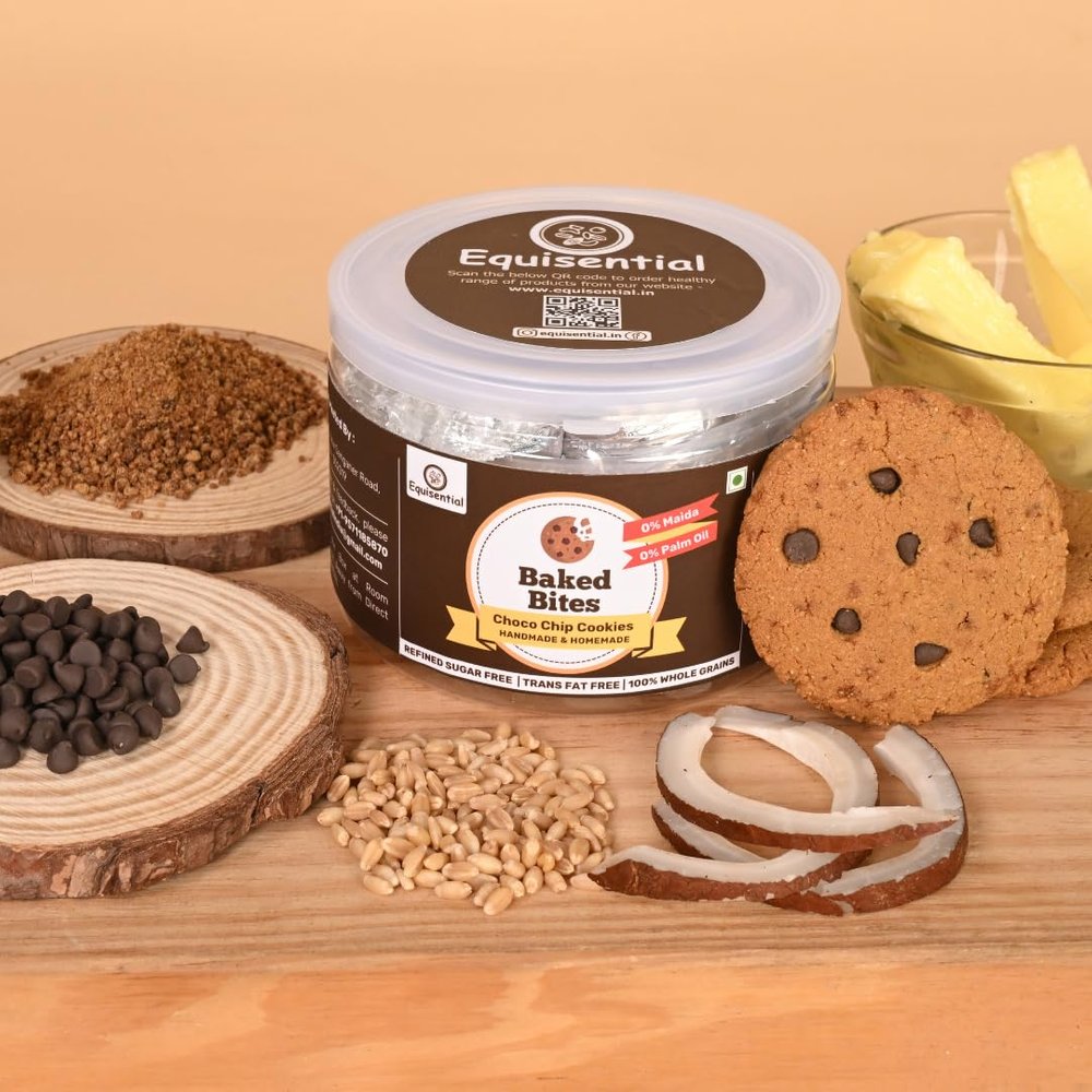 Equisential - Baked Bites CHOCO CHIP Cookies | No Refined Sugar | No Maida | No Palm Oil | No Preservatives & Chemicals | 100% Natural Ingredients | 100 % Homemade Cookies | Goodness of Jaggery | High In Dietary Fibre | Healthy & Nutritious | 250GM |