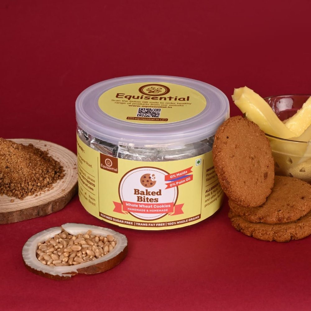Equisential - Baked Bites WHOLE WHEAT Cookies | No Refined Sugar | No Maida | No Palm Oil | No Preservatives & Chemicals | 100% Natural Ingredients | 100 % Homemade Cookies | Goodness of Jaggery | High In Dietary Fibre | Healthy & Nutritious | 250GM 