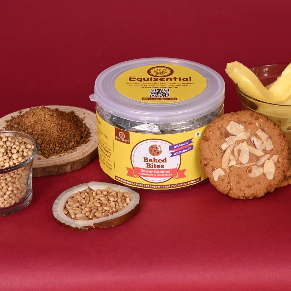 Equisential - Baked Bites JOWAR Cookies | No Refined Sugar | No Maida | No Palm Oil | No Preservatives & Chemicals | 100% Natural Ingredients | 100 % Homemade Cookies | Goodness of Jaggery | High In Dietary Fibre | Healthy & Nutritious | 250GM |