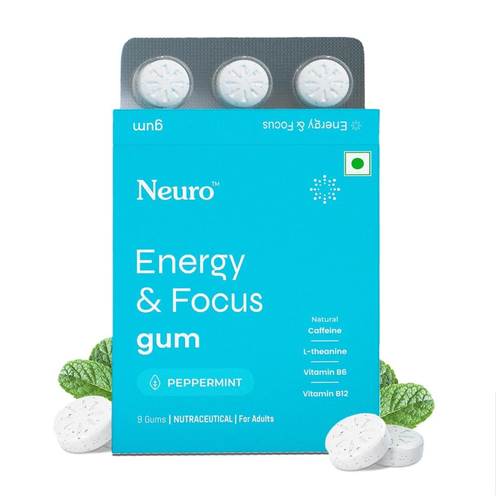 NeuroGum Energy Caffeine Gum (9 Pieces) - Sugar Free with L-theanine + Natural Caffeine + Vitamin B12 & B6 - Energy & Focus Supplement for Women & Men, Peppermint Flavor | (Pack of 1 (9 Gums), Peppermint)