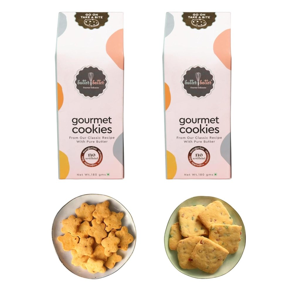 Butter Batter Gourmet Premium Cookies Combo Pack of Ajwain & Frutti Cookies | 100% Eggless, Pure Butter, No Margarine and No Preservatives Biscuits Perfect for snacking dessert or gifting | Pack of 2 Each 180g