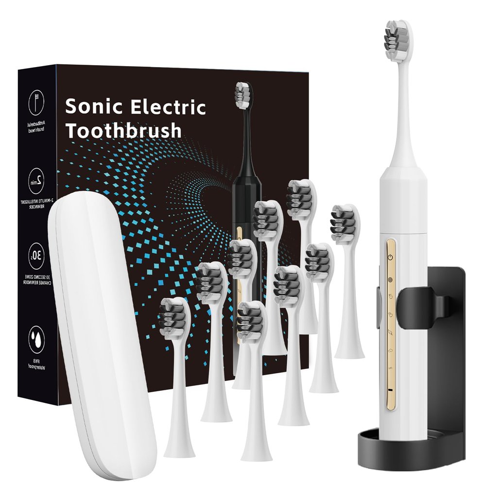 Fairir Sonic Electric Toothbrush with 10 Brush Heads for Adults and Children, Up to 30 Days on a Single Charge, 5 Modes, Built-in 2-Minute Smart Timer, IPX8 Waterproof Electric ToothbrushWhite