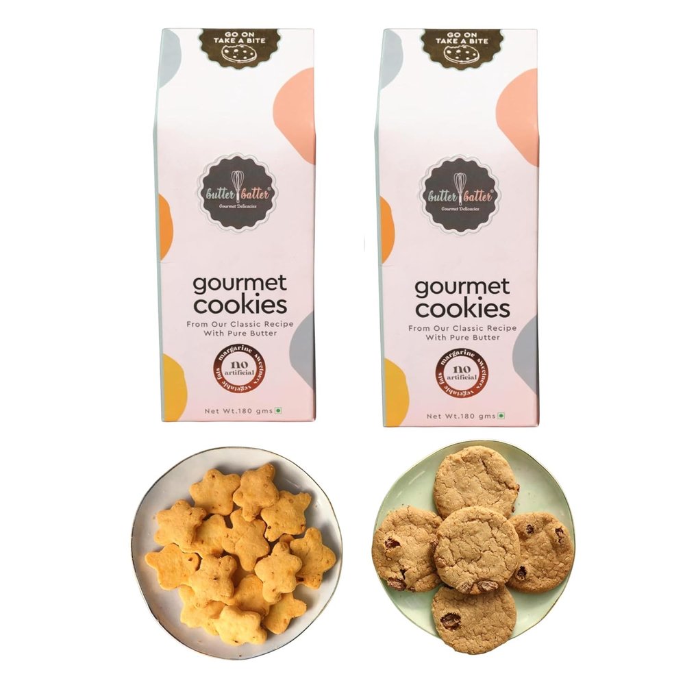 Butter Batter Gourmet Premium Cookies Combo Pack of Ajwain & Oatmeal Raisin Cookies | 100% Eggless, Pure Butter, No Margarine and No Preservatives Biscuits Perfect for snacking dessert or gifting | Pack of 2 180g Each