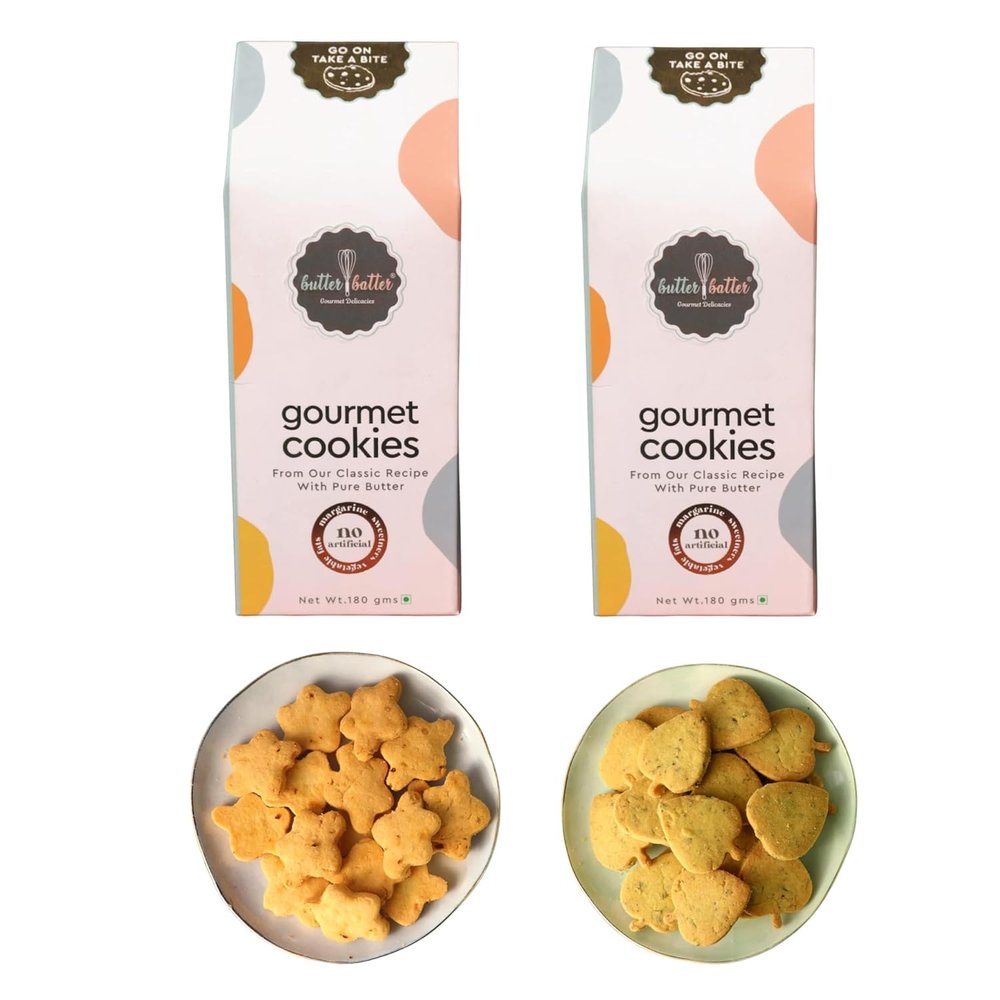 Butter Batter Gourmet Premium Cookies Ajwain Cookies Combo | 100% Eggless, Pure Butter, No Margarine and No Preservatives Biscuits Perfect for snacking dessert or gifting | Pack of 2 180g Each (Ajwain + Curry Leaves)
