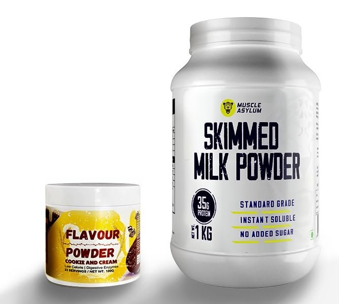 Muscle Asylum Skimmed Milk Powder, 35g Protein,1kg with Flavour Powder (Cookie Cream) |Instant Soluble | Perfect for Smoothie and Shakes | Lab tested for Purity