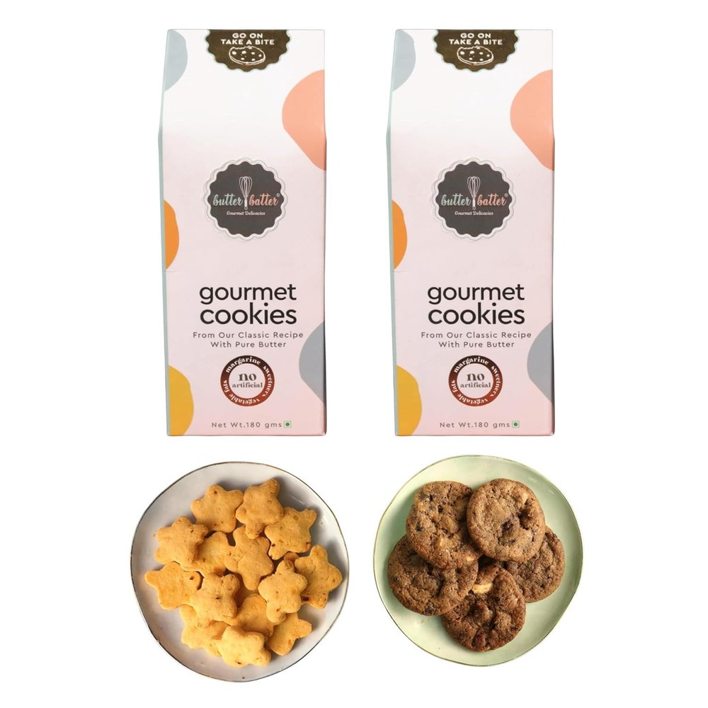 Butter Batter Gourmet Premium Cookies Combo Pack of Ajwain & Triple Chocolate Cookies | 100% Eggless, Pure Butter, No Margarine and No Preservatives Biscuits Perfect for snacking dessert or gifting | Pack of 2 180g Each