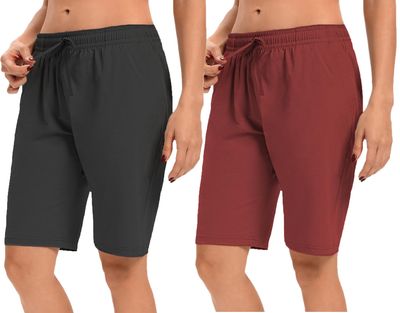 Women's Casual Cotton Shorts,Relaxedfit Shorts, Summer Shorts, Above Knee Length Shorts, Gym Shorts, Combo Shorts with Adjustable Waistband Pack of 2 (in, Alpha, S, 2, Black,Maroon)