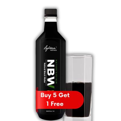 AGHORA Black Alkaline Water - 1 Liter | Natural, Organic, Vegan, Gluten-Free, Non-GMO, Lactose-Free | Enriched with 77+ Trace Minerals & Strong Electrolytes (1 Liter (Pack of 5+1 Free))