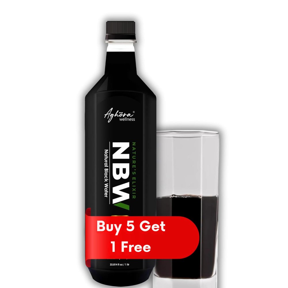 AGHORA Black Alkaline Water - 1 Liter | Natural, Organic, Vegan, Gluten-Free, Non-GMO, Lactose-Free | Enriched with 77+ Trace Minerals & Strong Electrolytes (1 Liter (Pack of 5+1 Free))