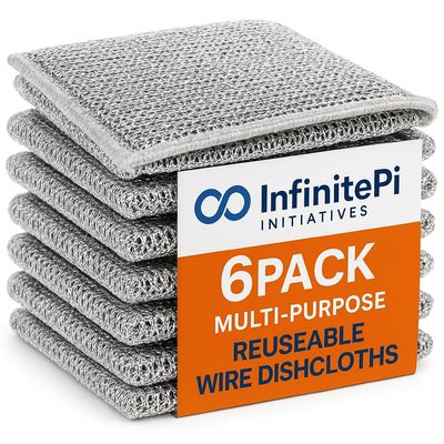 InfinitePi Initiatives Premium Non-Scratch Wire Dish Cloths, 6 Pack, Steel Scrubbers for Utensil Cleaning, Multipurpose Wet and Dry Cleaning, Stainless Steel Dish Scrubbers with Flower Hooks (1)