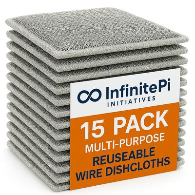 InfinitePi Initiatives Premium Non-Scratch Wire Dish Cloths, 15 Pack, Steel Scrubbers for Utensil Cleaning, Multipurpose Wet and Dry Cleaning, Stainless Steel Dish Scrubbers with Flower Hooks (3)