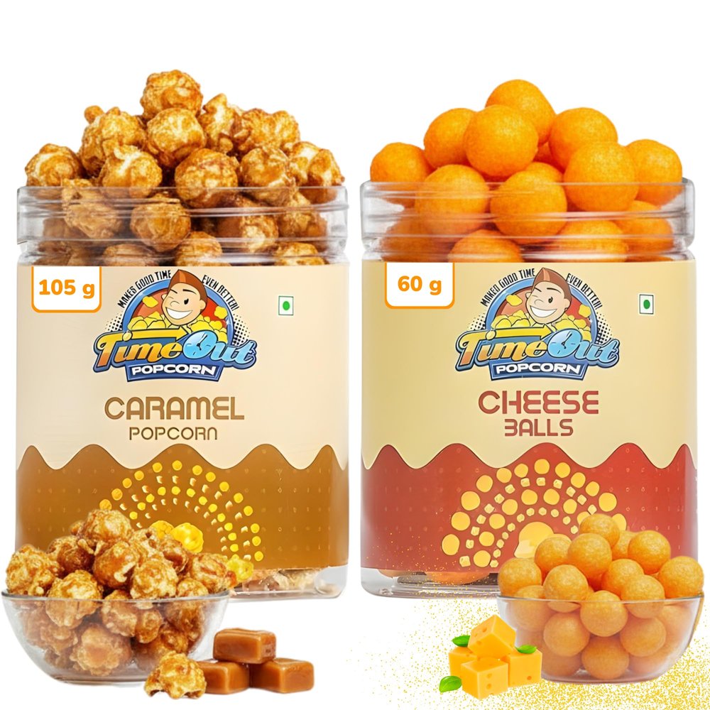 Time Out Popcorn Caramel Popcorn and Cheese Balls Crunchy, Delicious Snacking | Pack of 2 | 165 g