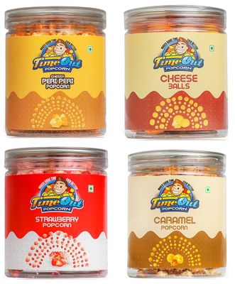 Time Out Popcorn Caramel Strawberry Chessy Peri Peri Flavoured Popcorn and Cheese Balls Crunchy, Spicy, Ready to Eat, Snack, Pack of 4, 345g