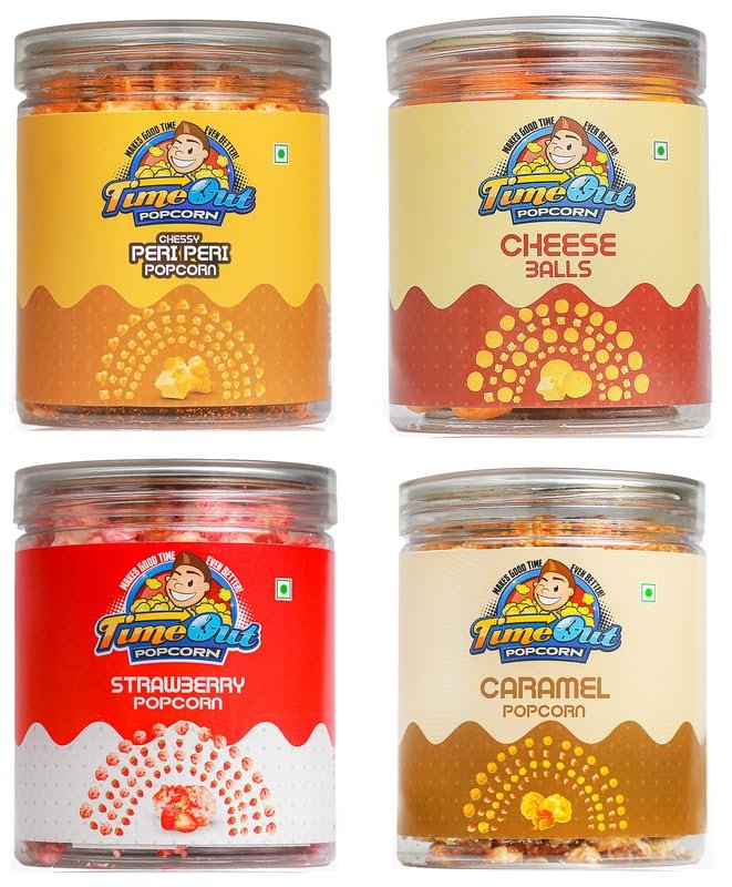 Time Out Popcorn Caramel Strawberry Chessy Peri Peri Flavoured Popcorn and Cheese Balls Crunchy, Spicy, Ready to Eat, Snack, Pack of 4, 345g