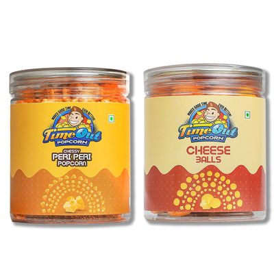 Time Out Popcorn Cheese Balls and Cheesy Peri Peri Popcorn, Ready to Eat Gourmet Snacks, Crunchy, Spicy, Combo of 2,135 g
