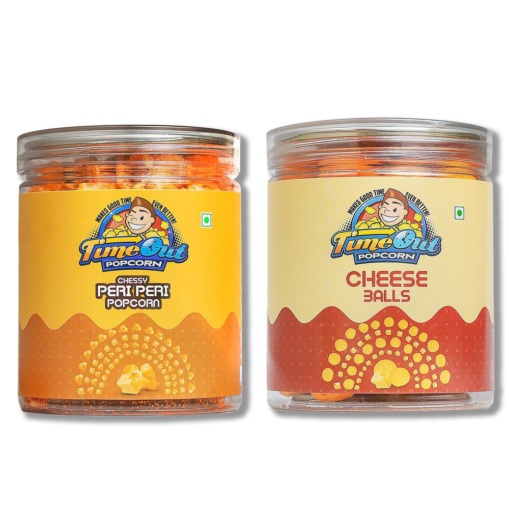 Time Out Popcorn Cheese Balls and Cheesy Peri Peri Popcorn, Ready to Eat Gourmet Snacks, Crunchy, Spicy, Combo of 2,135 g