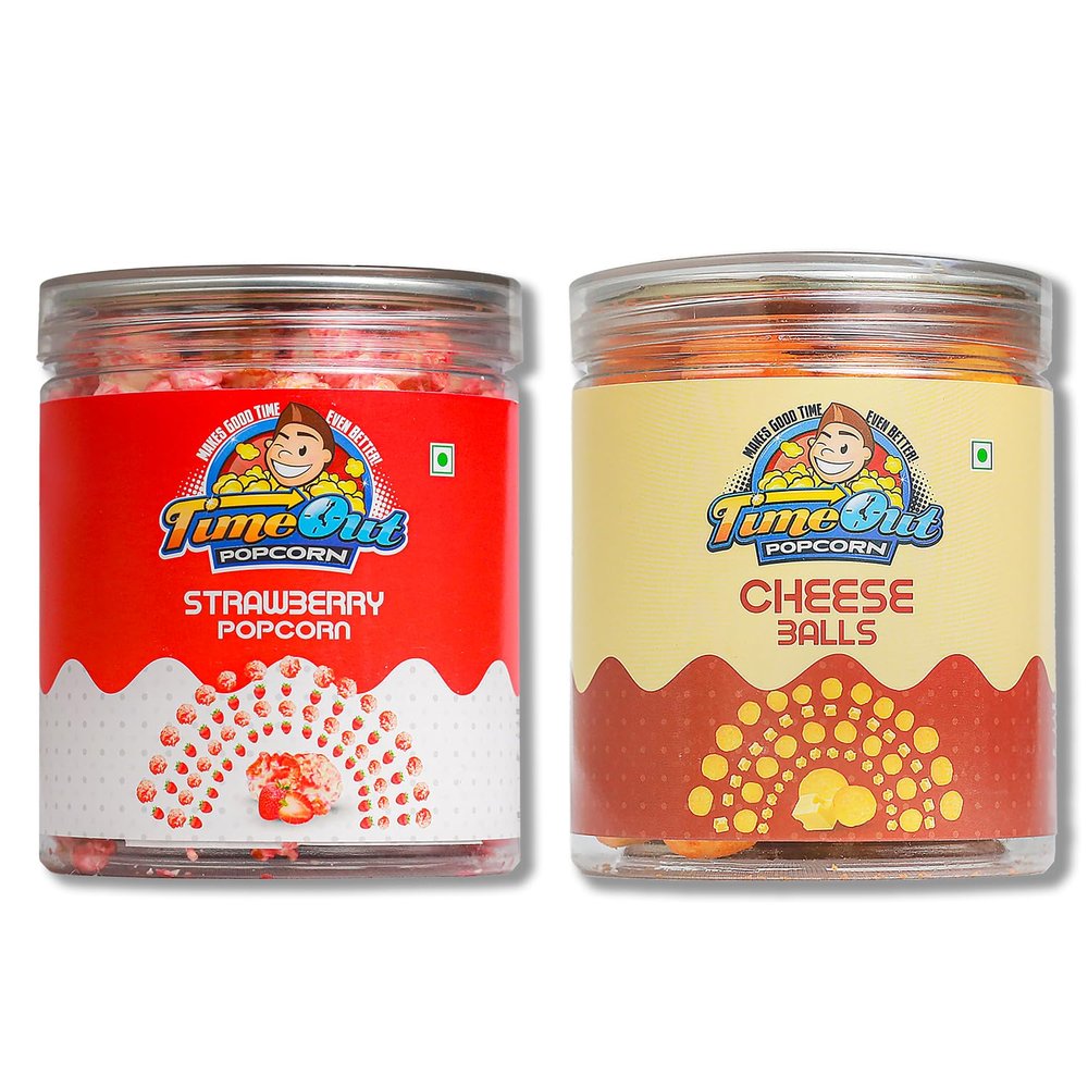 Time Out Popcorn Cheese Balls and Strawberry Flavoured Popcorn, Ready to Eat Gourmet Snacks, Crunchy, Combo of 2,165g