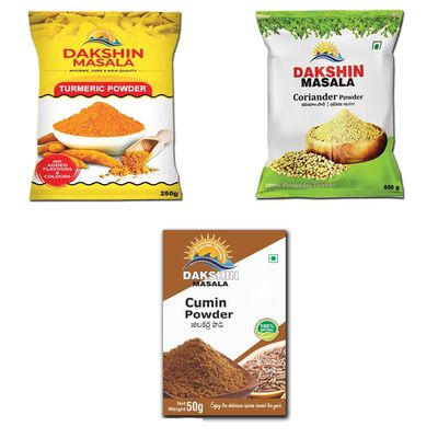 TURMERIC POWDER 250g (3 PACKETS,) CORAINDER POWDER 500g (3 PACKETS AND) JEERA POWDER 50g Box (3 PACKETS,) PACK OF 9