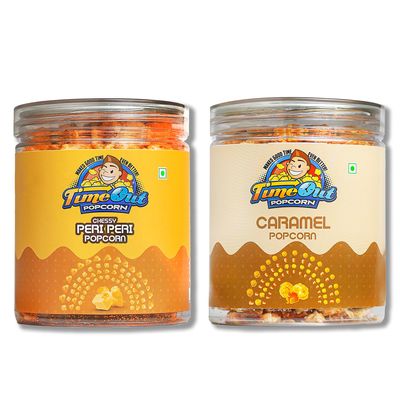 TimeOut Popcorn Caramel and Chessy Peri Peri, Crunchy, Ready-to-Eat, Gourmet Popcorn, Snacks for Kids Pack of 2 x 175g