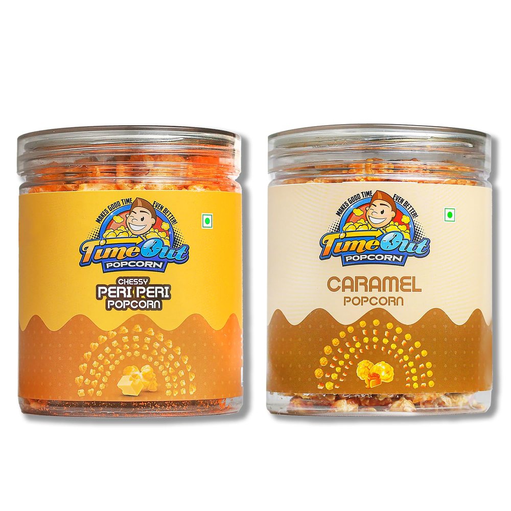 TimeOut Popcorn Caramel and Chessy Peri Peri, Crunchy, Ready-to-Eat, Gourmet Popcorn, Snacks for Kids Pack of 2 x 175g