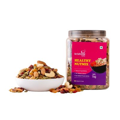 Krishival Nuts Healthy Nut Mix 1 KG | Premium Trail Mix | Mixed Seeds with Dry Fruits | Almonds | Cashews | Pistachios | Pumpkin Seeds | Raisins | Cranberries, Reusable Jar