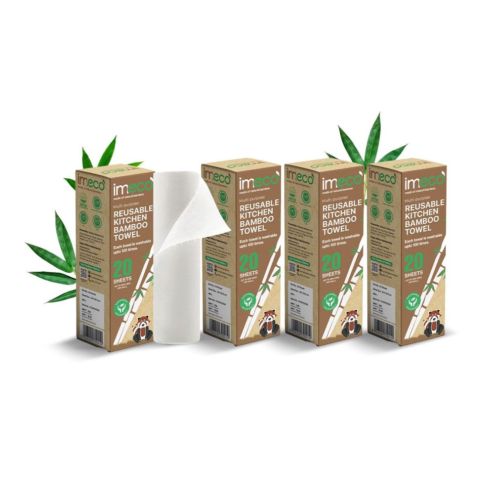 IMECO Reusable Eco Bamboo Kitchen Towel Roll (Pack of 4) 80 Washable & Reusable Sheets (Up to 8000 Uses) | Soft, Highly Absorbent & Durable | Eco-Friendly | Ideal for Daily Kitchen Cleaning