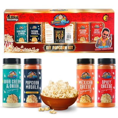Time Out Popcorn DIY Gift Hamper Kit, Popcorn Kernels (Maize) 400g with 4 seasoning Mexican Cheese, Spicy Cheese, Sour Cream Onion & Popcorn Masala