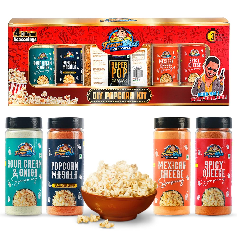 Time Out Popcorn DIY Gift Hamper Kit, Popcorn Kernels (Maize) 400g with 4 seasoning Mexican Cheese, Spicy Cheese, Sour Cream Onion & Popcorn Masala