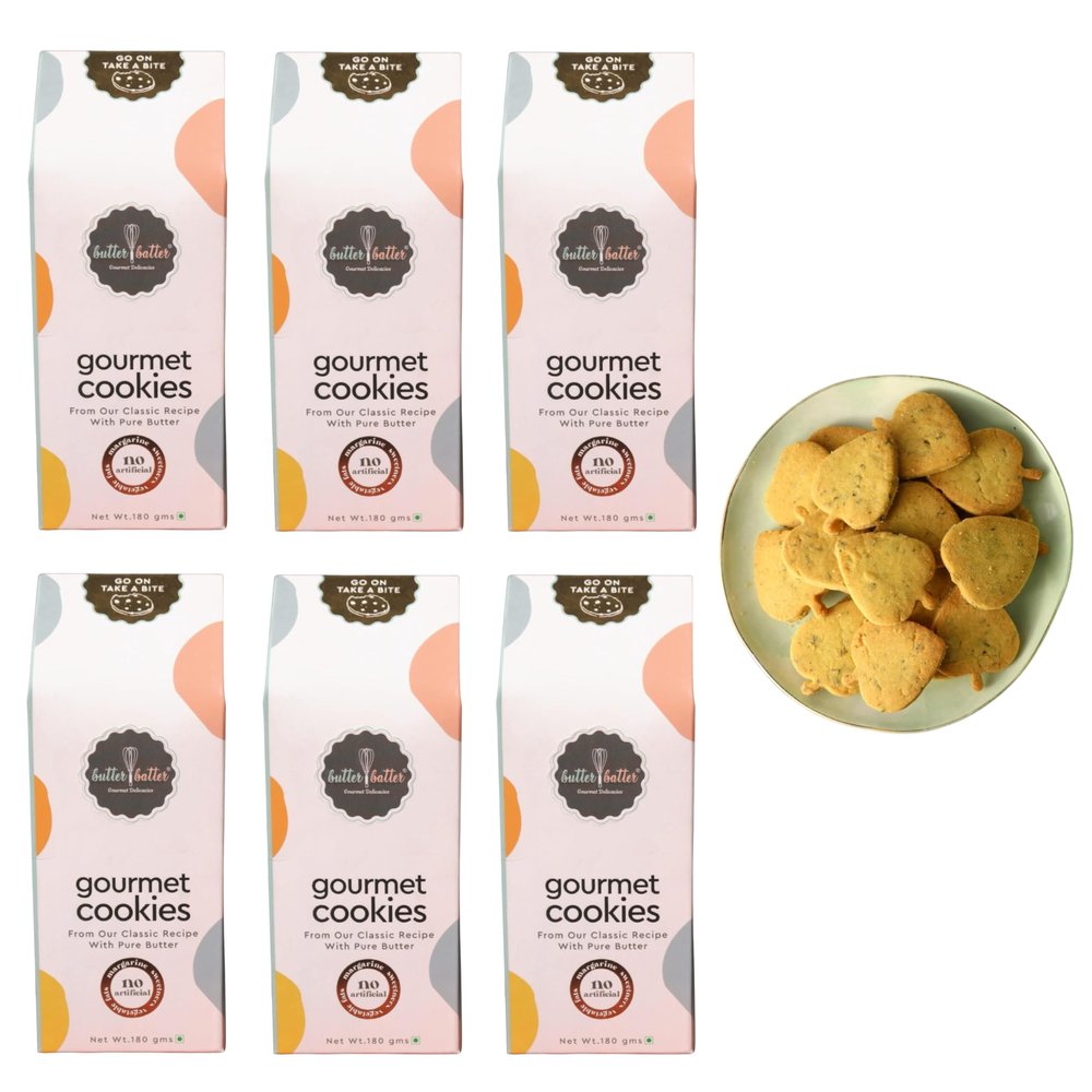 Butter Batter Gourmet Premium Cookies with Curry Leaves flavour | 100% EggLess, Pure Butter, No Margarine and No Preservatives Biscuits Perfect for snacking dessert or gifting | Pack of 6, 1080gm (180gm x 6)