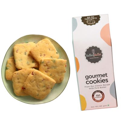 Butter Batter Gourmet Premium Cookies with Tutti Frutti flavour | 100% Eggless, Pure Butter, No Margarine and No Preservatives Biscuits Perfect for snacking dessert or gifting | Pack of 4, 720gm (180gm x 4)