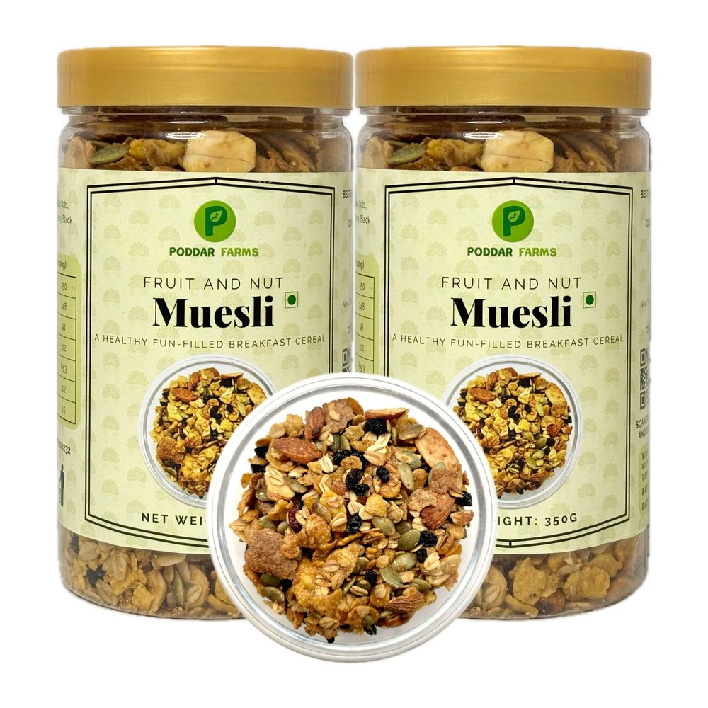 PODDAR FARMS Fruit and Nut Muesli | Premium Blend of Crunchy Grains, Dried Fruits and Nuts | 350g | Pack of 2