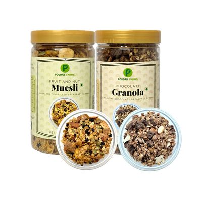 PODDAR FARMS Fruit and Nut Muesli & Chocolate Granola Combo | Crunchy, Nutritious Mix with Premium Cocoa, Almonds, and Multigrain Crispies | Grains, Dried Fruits and Nuts | 600g | (350g + 250g)