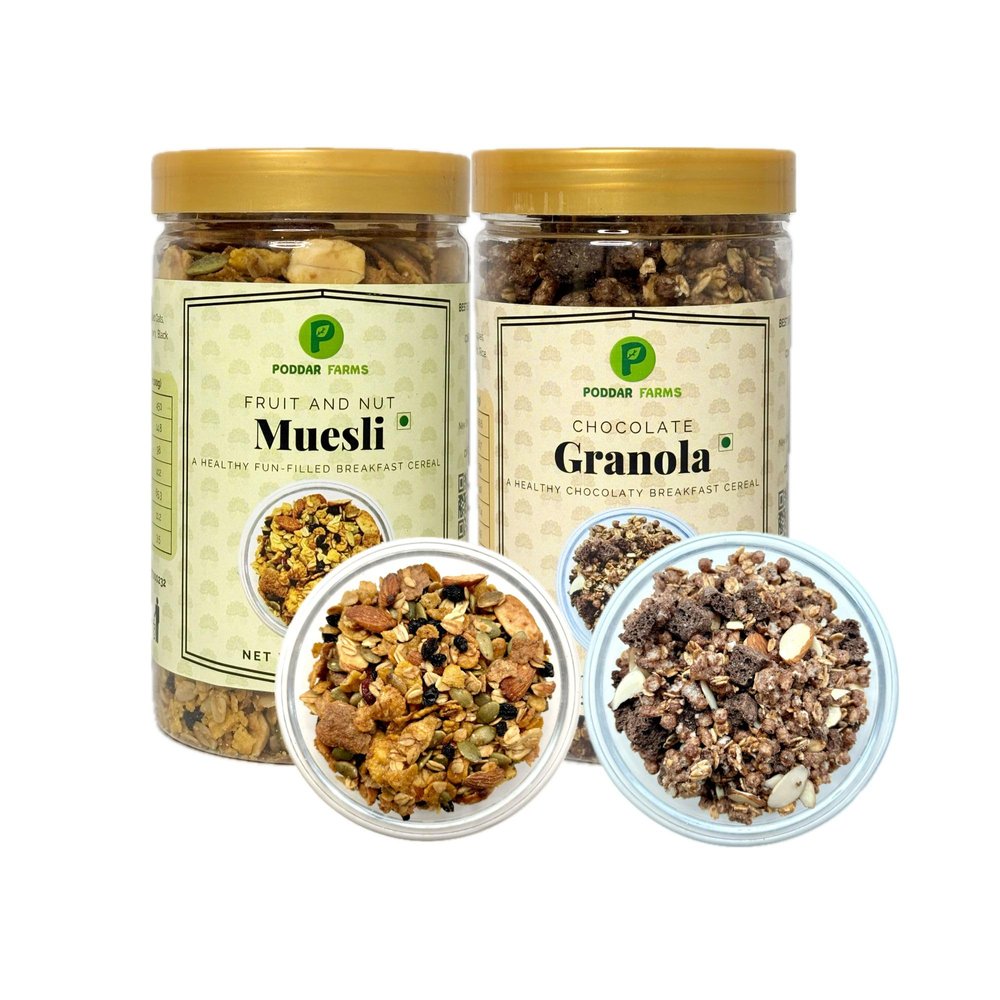 PODDAR FARMS Fruit and Nut Muesli & Chocolate Granola Combo | Crunchy, Nutritious Mix with Premium Cocoa, Almonds, and Multigrain Crispies | Grains, Dried Fruits and Nuts | 600g | (350g + 250g)