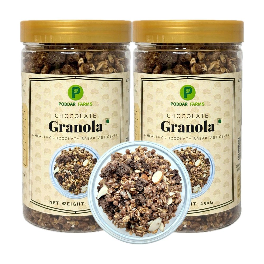 PODDAR FARMS Chocolate Granola | Crunchy, Nutritious Mix with Premium Cocoa, Almonds, and Multigrain Crispies | 250g | Pack of 2