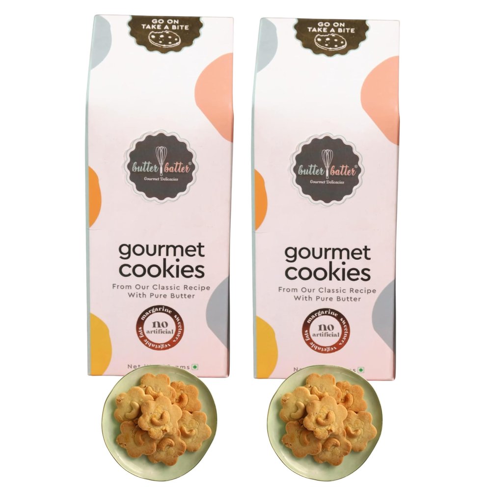 Butter Batter Gourmet Premium Cookies with Cashew flavour | 100% Eggless, Pure Butter, No Margarine and No Preservatives Biscuits Perfect for snacking dessert or gifting | Pack of 6, 1080gm (180gm x 6)