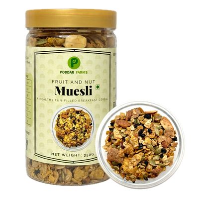 PODDAR FARMS Fruit and Nut Muesli | Premium Blend of Crunchy Grains, Dried Fruits and Nuts | 350g