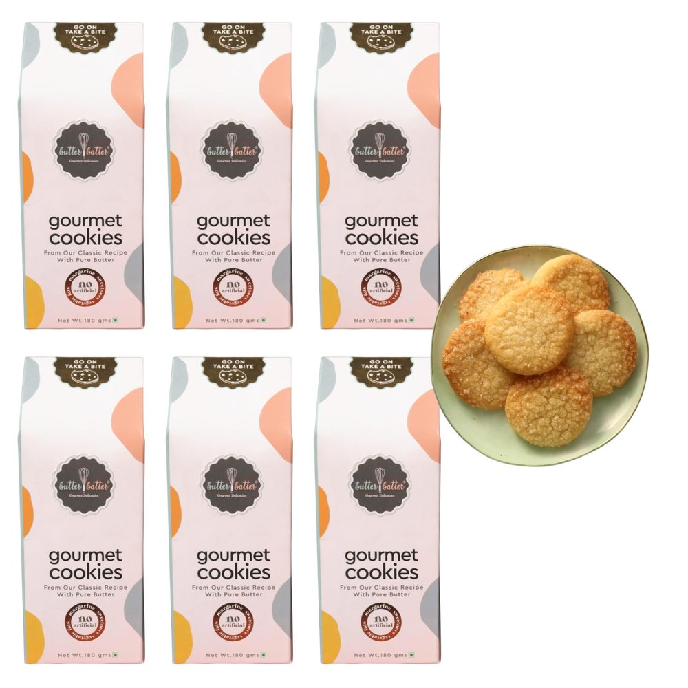 Butter Batter Gourmet Cookies with Danish Sugar Coated | Pure Butter, 100% Eggless, No Margarine and No Preservatives Cookies Perfect for snacking dessert or gifting | Pack of 6, 1080gm (180gm x 6)