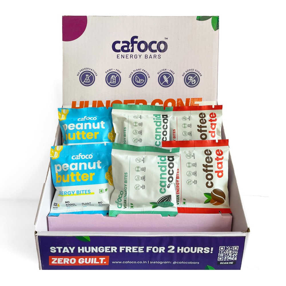 CAFOCO Coffe, Cocoa & Peanut Energy Bars with No Added Sugar, High Plant Protein, Fibre Nutrition, No Preservatives, Healthy Sugar-Free Protein Snack Bites for Quick Breakfast (Pack of 6x30g Each)