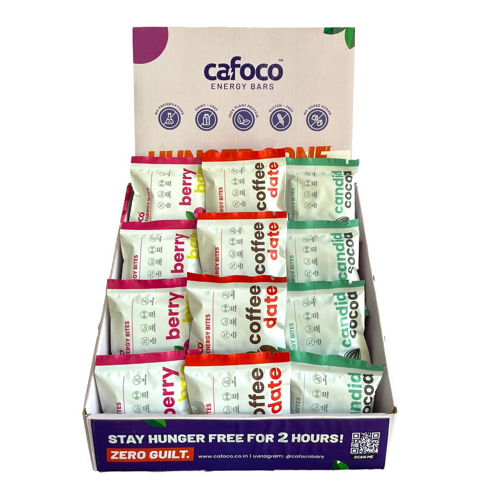 CAFOCO Candid Cocoa, Coffe & Berry Energy Bars with No Added Sugar, High Plant Protein, Fibre Nutrition No Preservatives, Healthy Sugar-Free Protein Snack Bites for Quick Breakfast_Pack of 12x30g Each