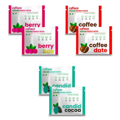 CAFOCO Candid Cocoa, Coffe & Berry Energy Bars with No Added Sugar, High Plant Protein, Fibre Nutrition, No Preservatives, Healthy Sugar-Free Protein Snack Bites for Quick Breakfast_Pack of 6x30g Each